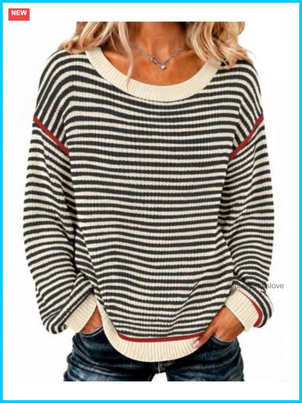 Women's Oversized Striped Pullover Sweater Soft Knit Long Sleeve Crew Neck